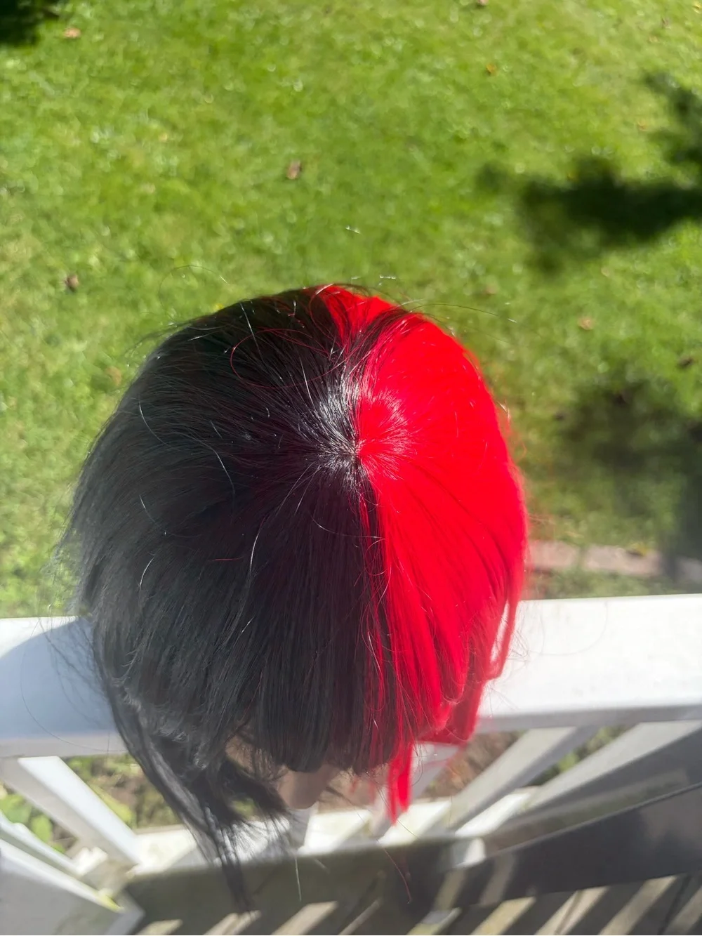 Split half red & half black synthetic angled straight bob wig with bangs